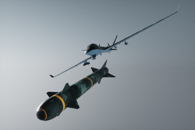 UAV military combat drone launches a combat missile. Modern aircraft, army of the future, reconnaissance, military drone, war of the future. 3D illustration, 3D render